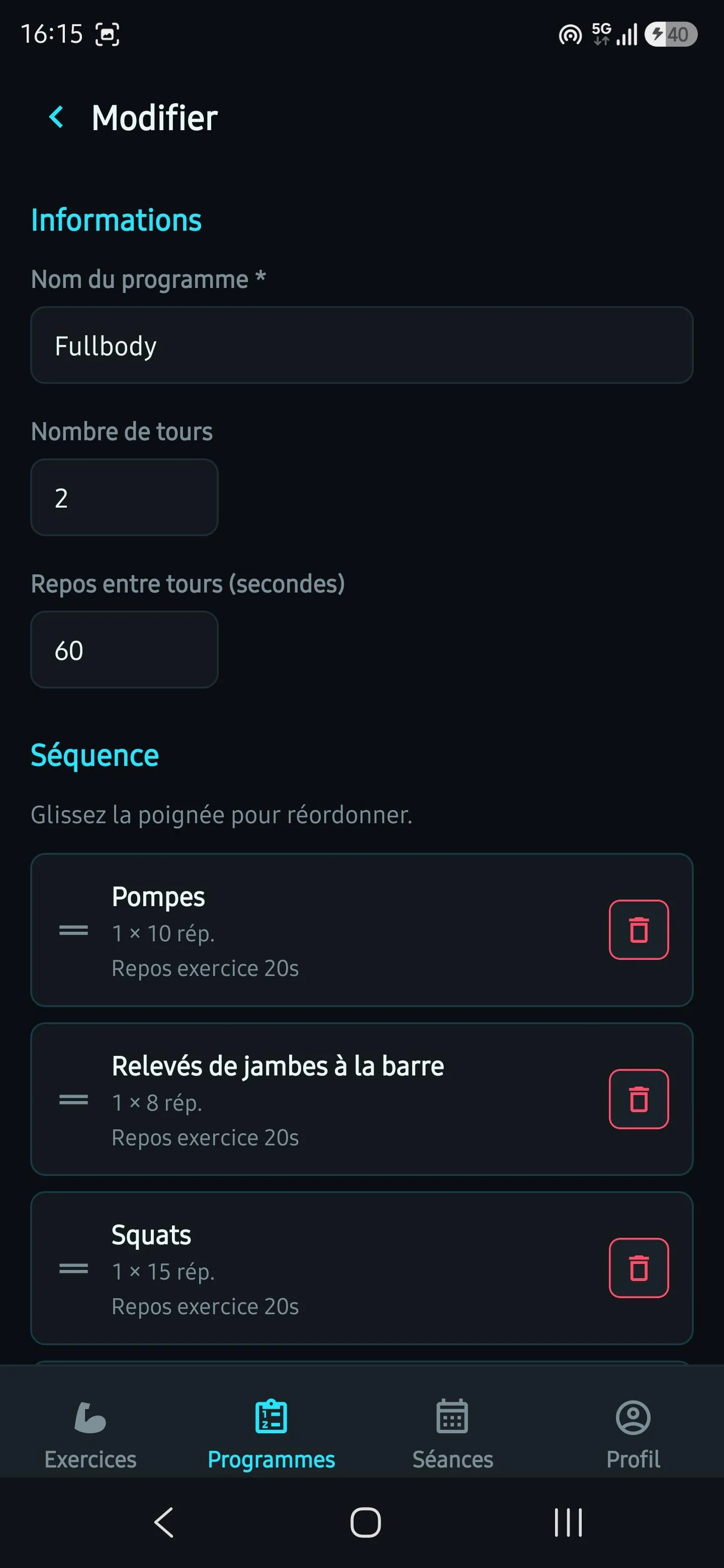 Édition du programme Fullbody : nombre de tours, repos entre tours et séquence d'exercices avec répétitions et temps de repos