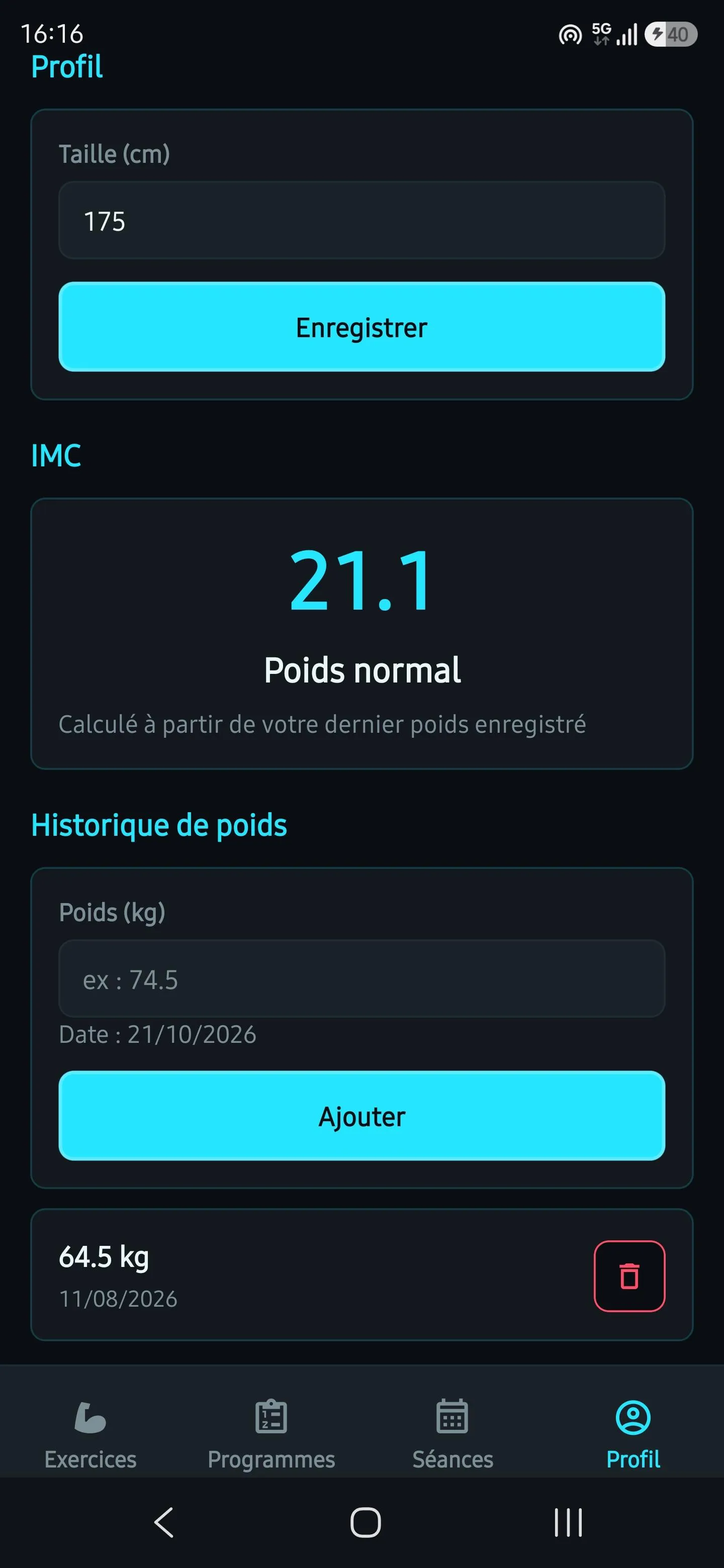 Écran Profil : taille, IMC calculé et historique du poids