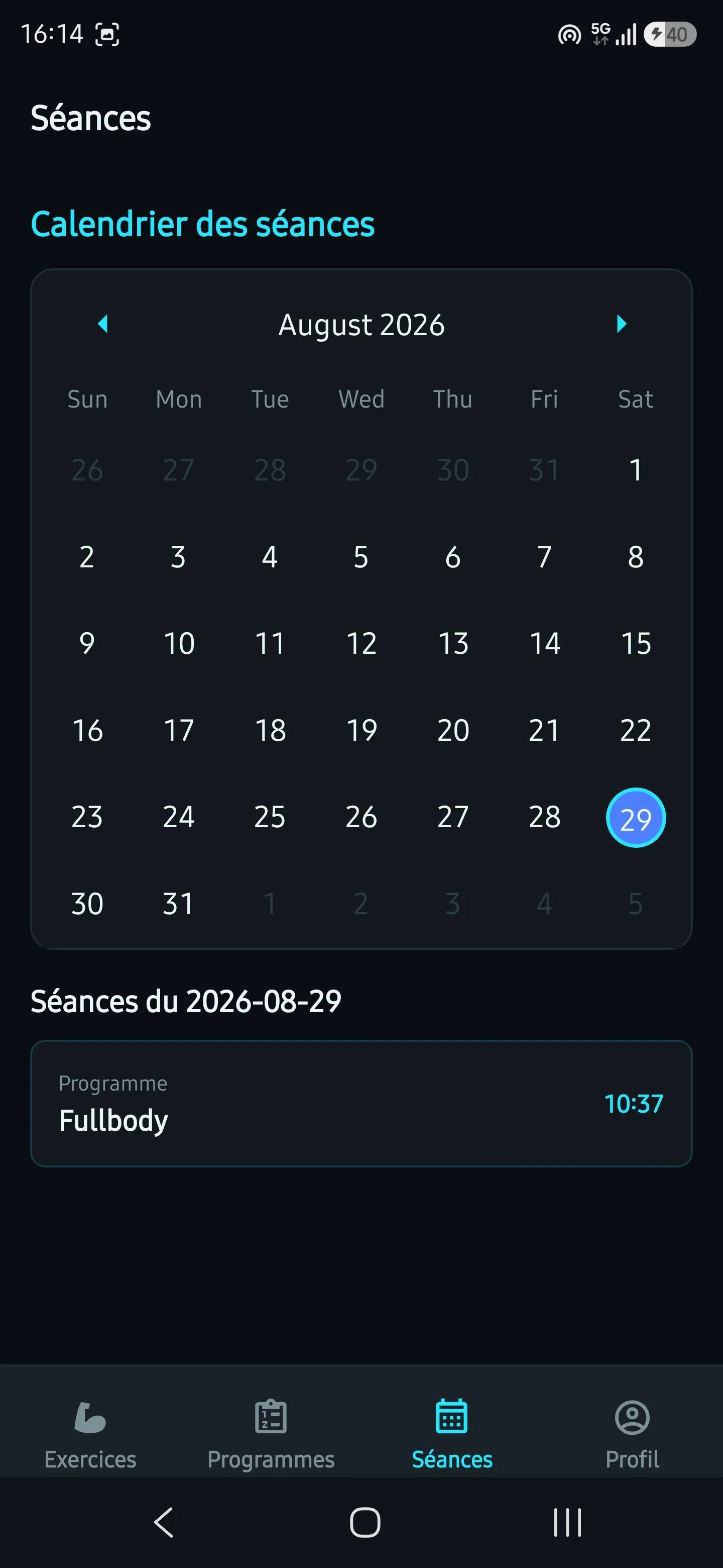 Calendrier des séances d'août 2026, avec le détail de la séance Fullbody du 29 août